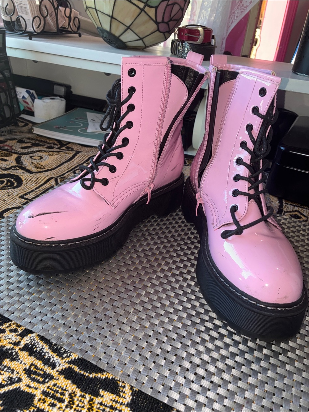 Steve Madden Pink Patent Lace-Up Platform Combat Boots